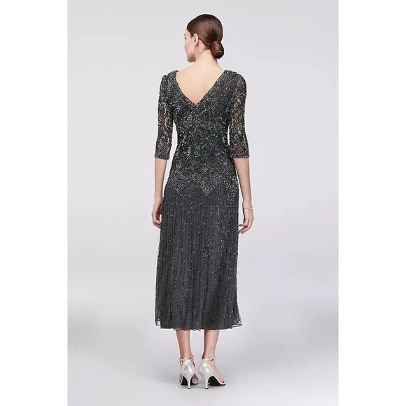 Pisarro Nights Beaded Mesh midi Gown 3/4 sleeve 2P - Picture 2 of 10